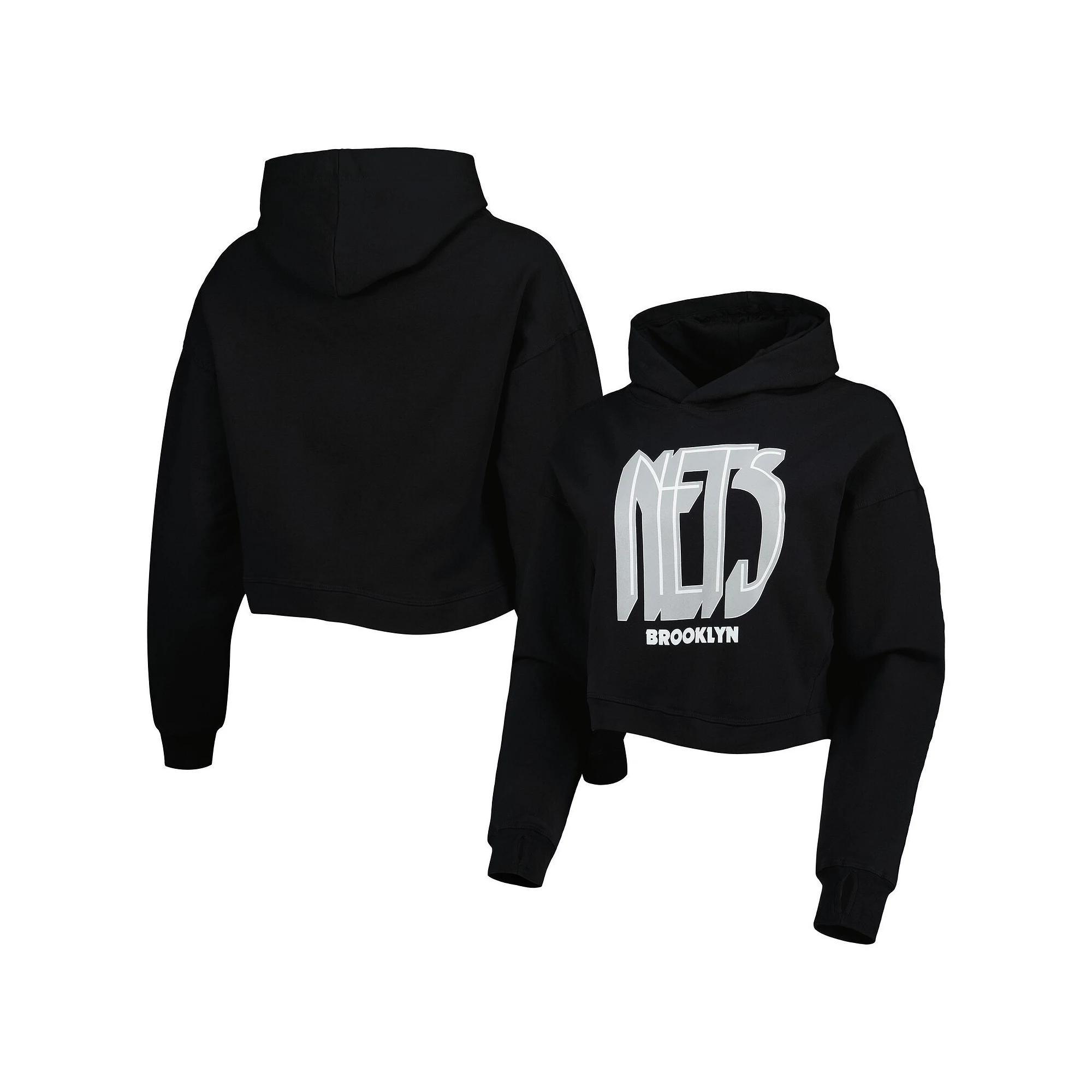 Women's Lusso Black Brooklyn Nets Layla World Tour Cropped Pullover Hoodie, Size: XL Product Image