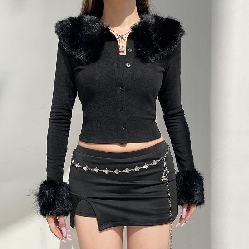 Collared Plain Panel Faux Fur Button Jacket Product Image