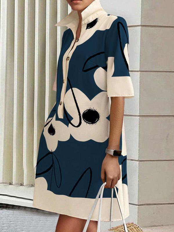 A-Line Half Sleeves Buttoned Contrast Color Flower Print Pockets Stand Collar Mini Dresses Product Image