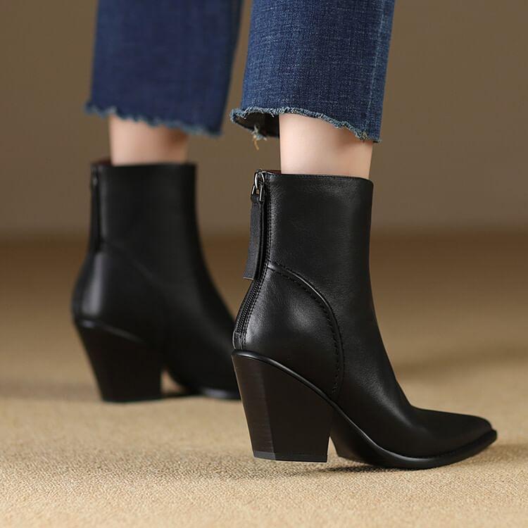 Genuine Leather Chunky Heel Short Boots Product Image