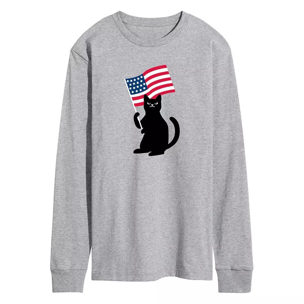 Men's Black Cat With Flag Long Sleeve Graphic Tee., Size: Small, Grey Gray Product Image