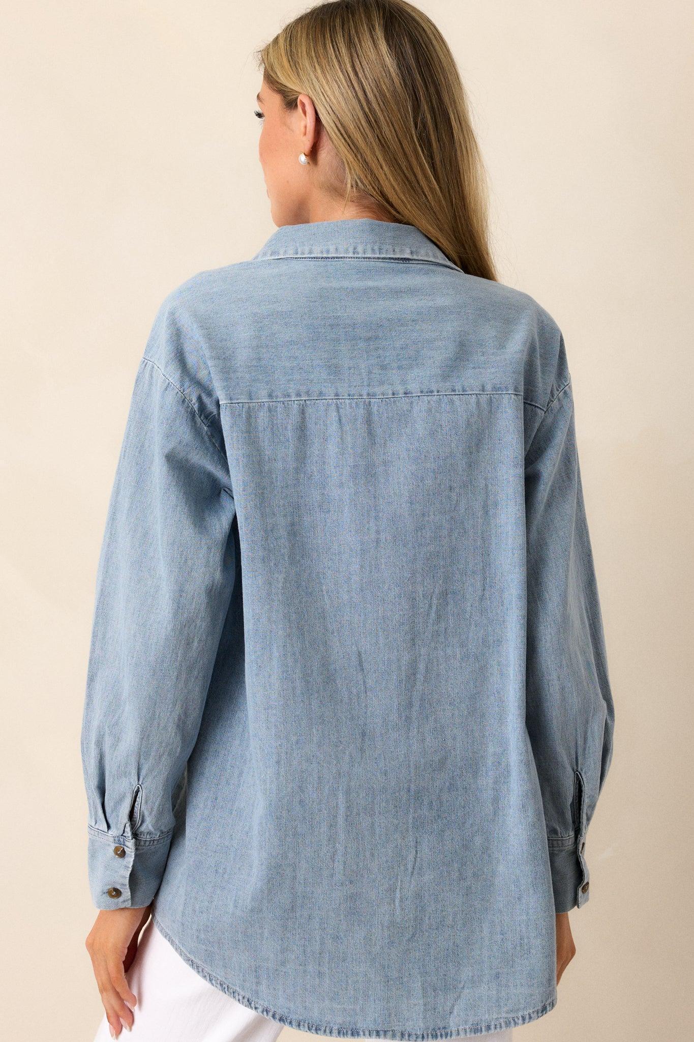 In Plain Sight Cotton Light Chambray Button Front Top Product Image