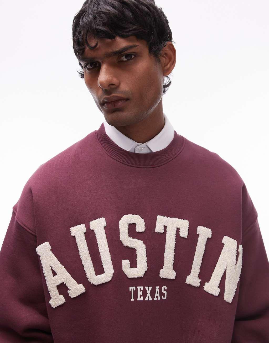 Topman oversized fit sweatshirt with Austin chenille embroidery in burgundy Product Image