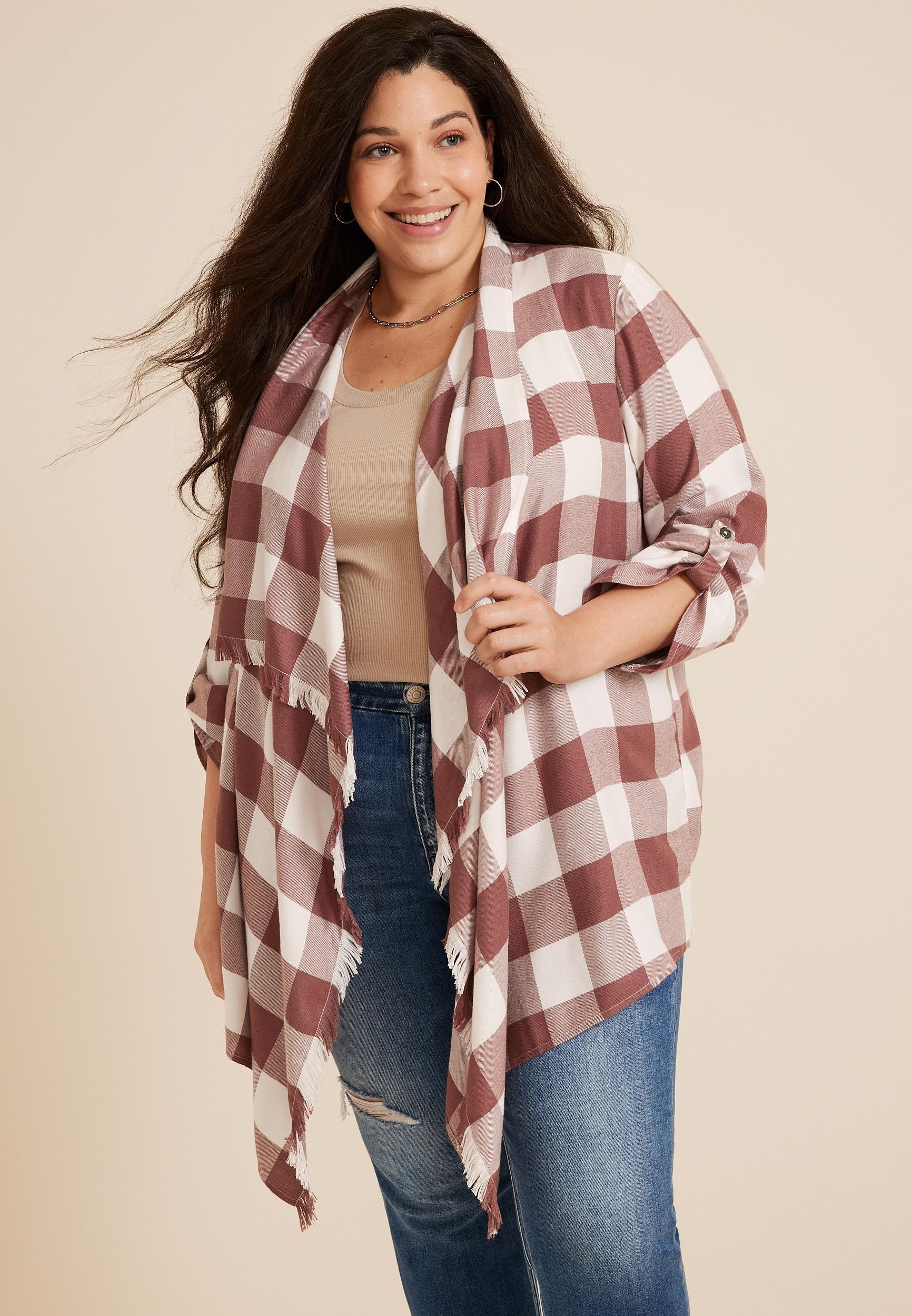 Maurices Plus Size Womens Plaid Open Front Kimono Beige Size 1X Product Image