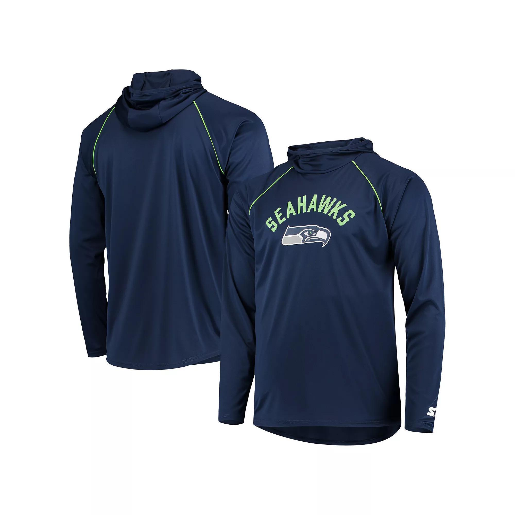 Men's Starter Navy Seattle Seahawks Raglan Long Sleeve Hoodie T-Shirt,  Product Image