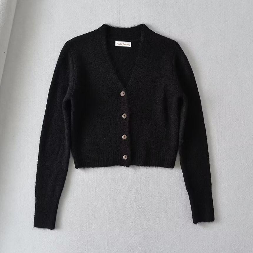 V-Neck Plain Button Cropped Cardigan Product Image