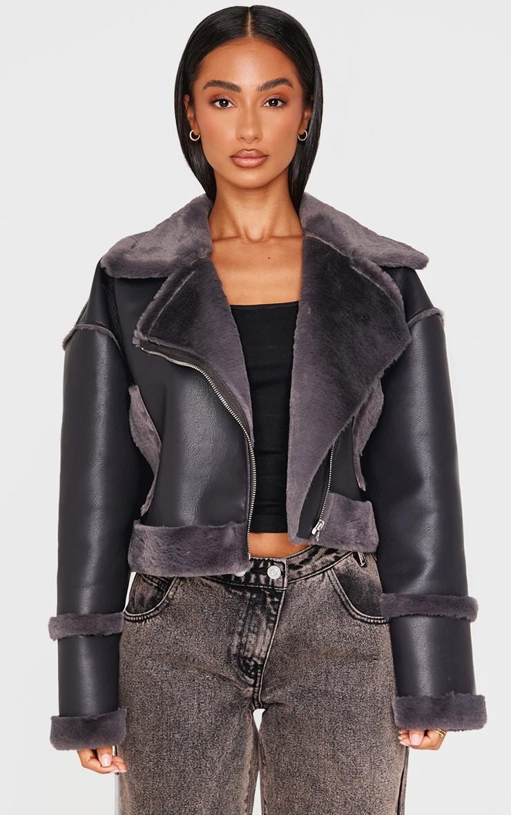 Petite Charcoal Aviator Jacket With Fur Trims Product Image