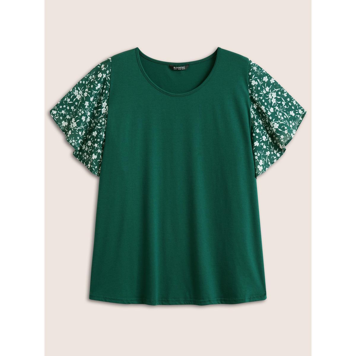 Plus Size Ditsy Floral Ruffle Sleeve Round Neck T-Shirt DarkGreen Women Elegant Ditsy Floral Everyday T-shirts BloomChic 12/L Product Image
