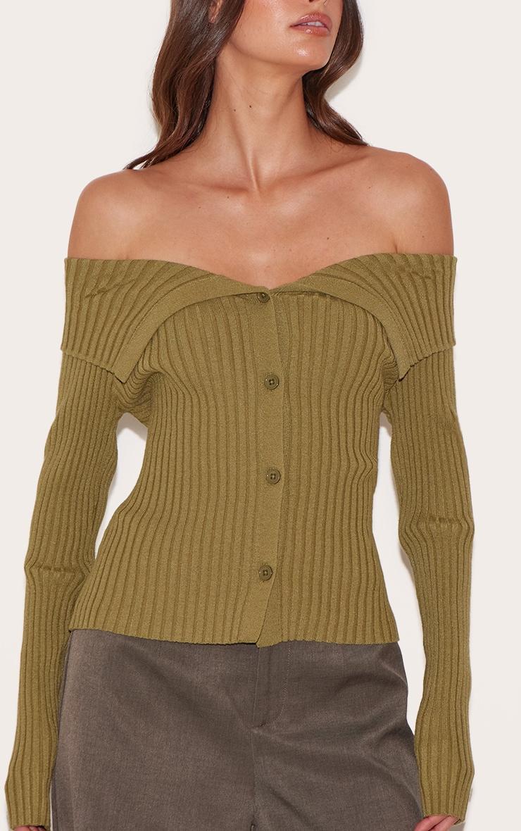 Olive Rib Knit Fold Over Button Up Top Product Image