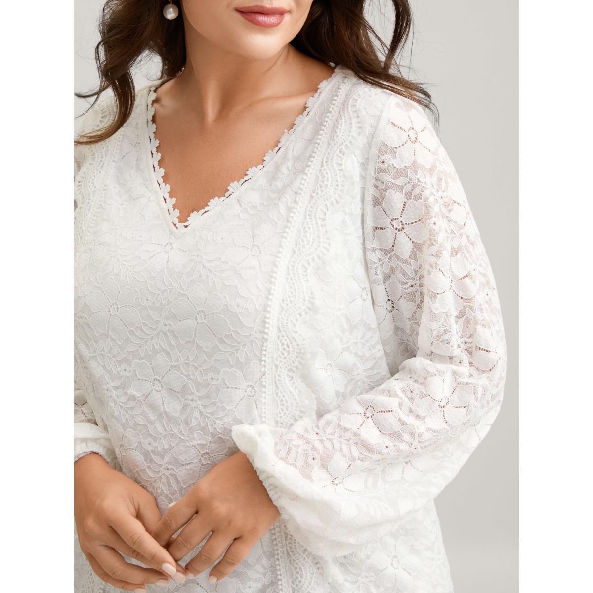 Plus Size WhiteSmoke Stretchy Floral Lace V-Neck Blouse Women Extra Long Sleeve V-neck Elegant Blouses BloomChic 22-24/3X Product Image
