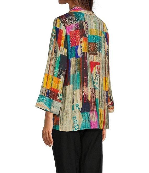 Ali Miles Woven Abstract Multi Print Point Collar 3/4 Cuff Sleeve Button Front Tunic Product Image