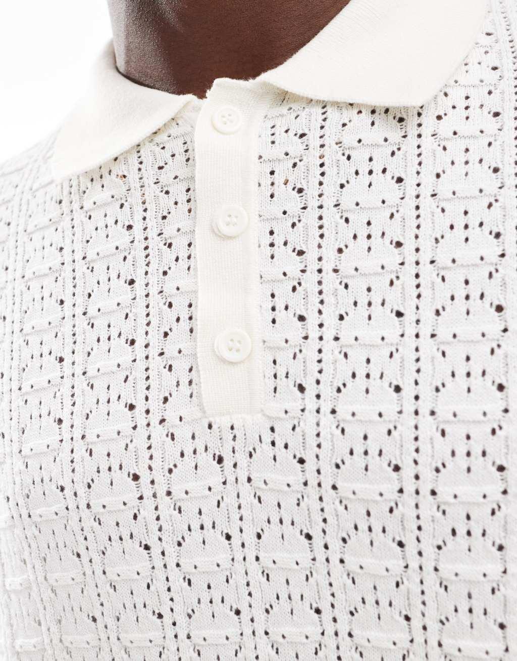 Bershka crochet knit polo in white Product Image