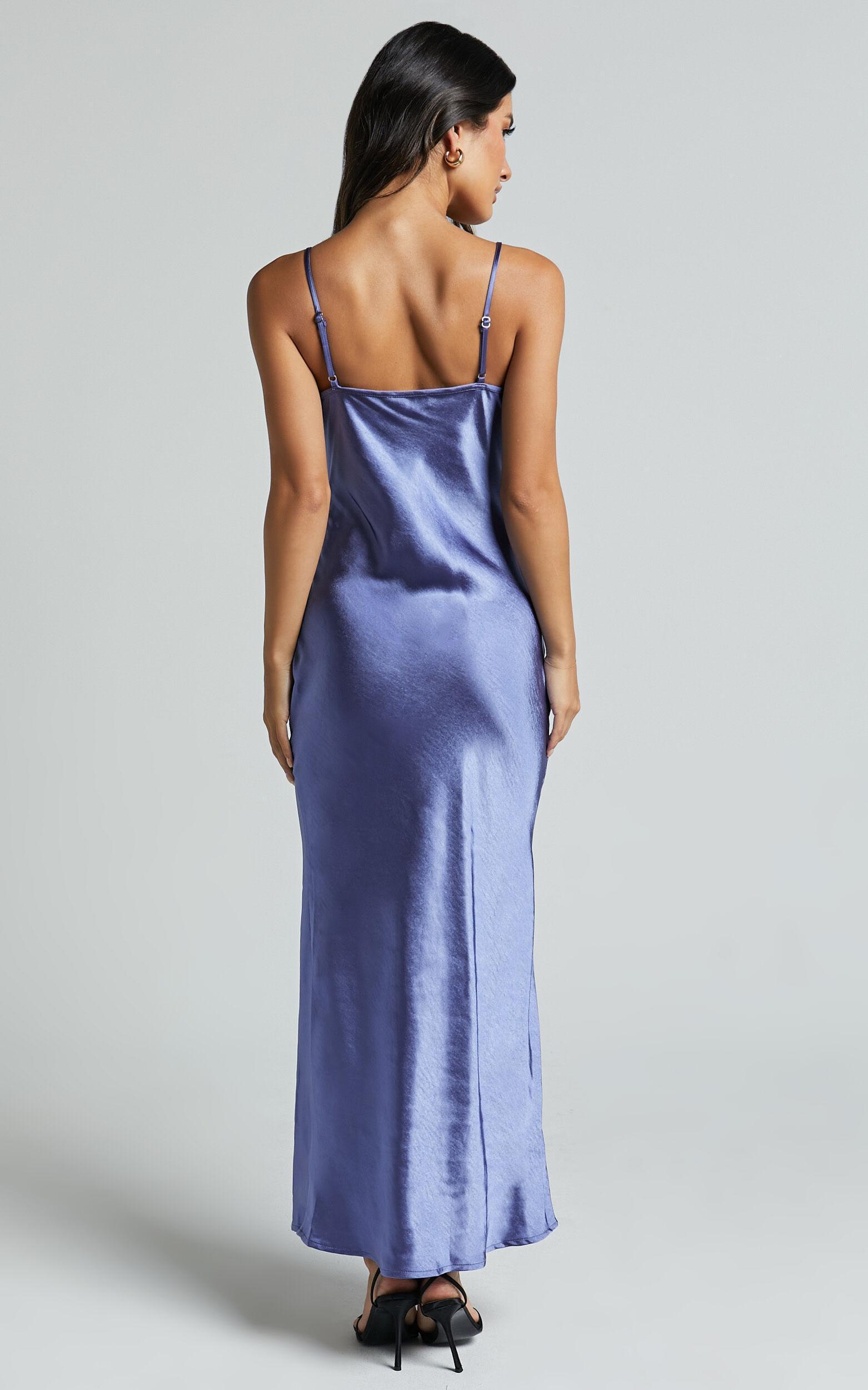 Ofeliya Midi Dress - Lace Trim Satin Slip Dress in Cornflower Blue Product Image