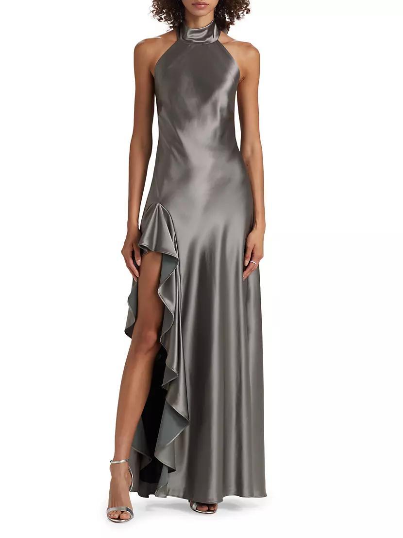 Satin Halter Draped Maxi Dress Product Image