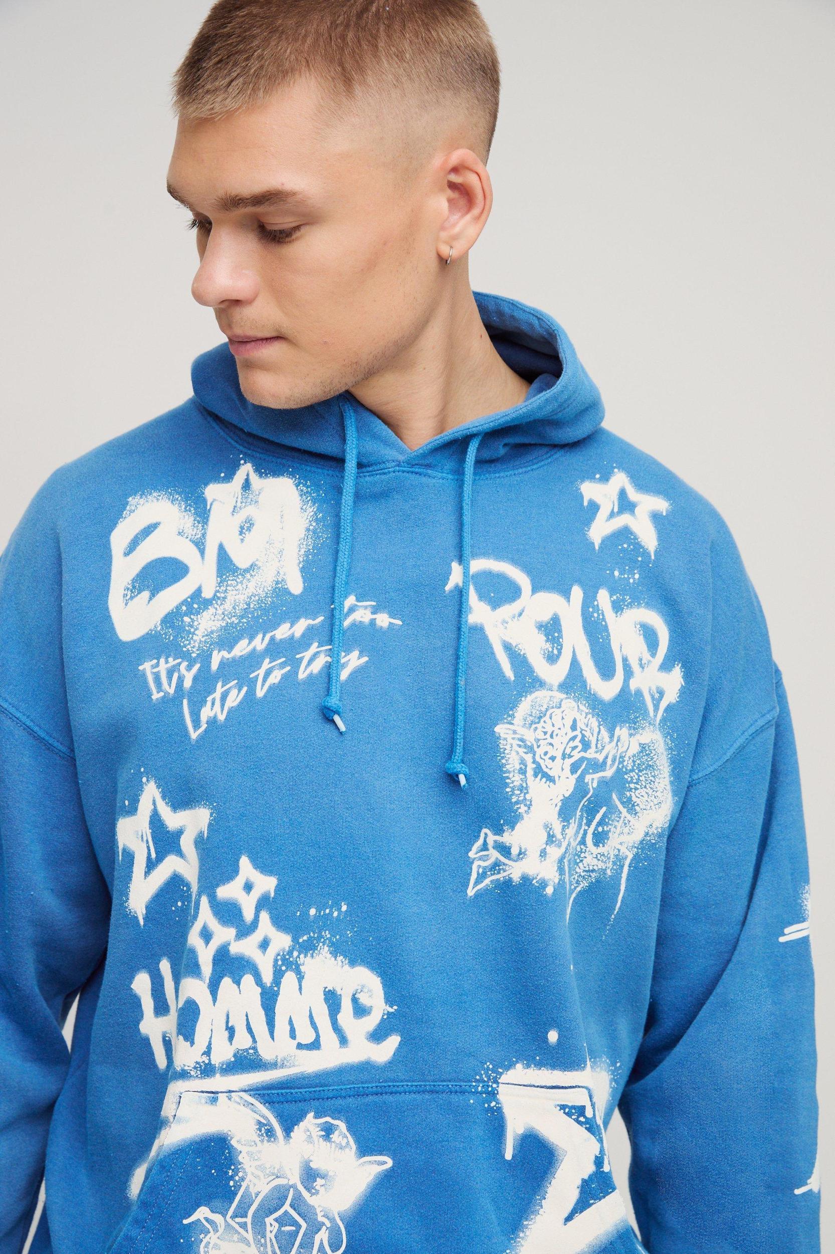 Regular Fit Washed Graffiti Graphic Hoodie | boohooMAN USA Product Image
