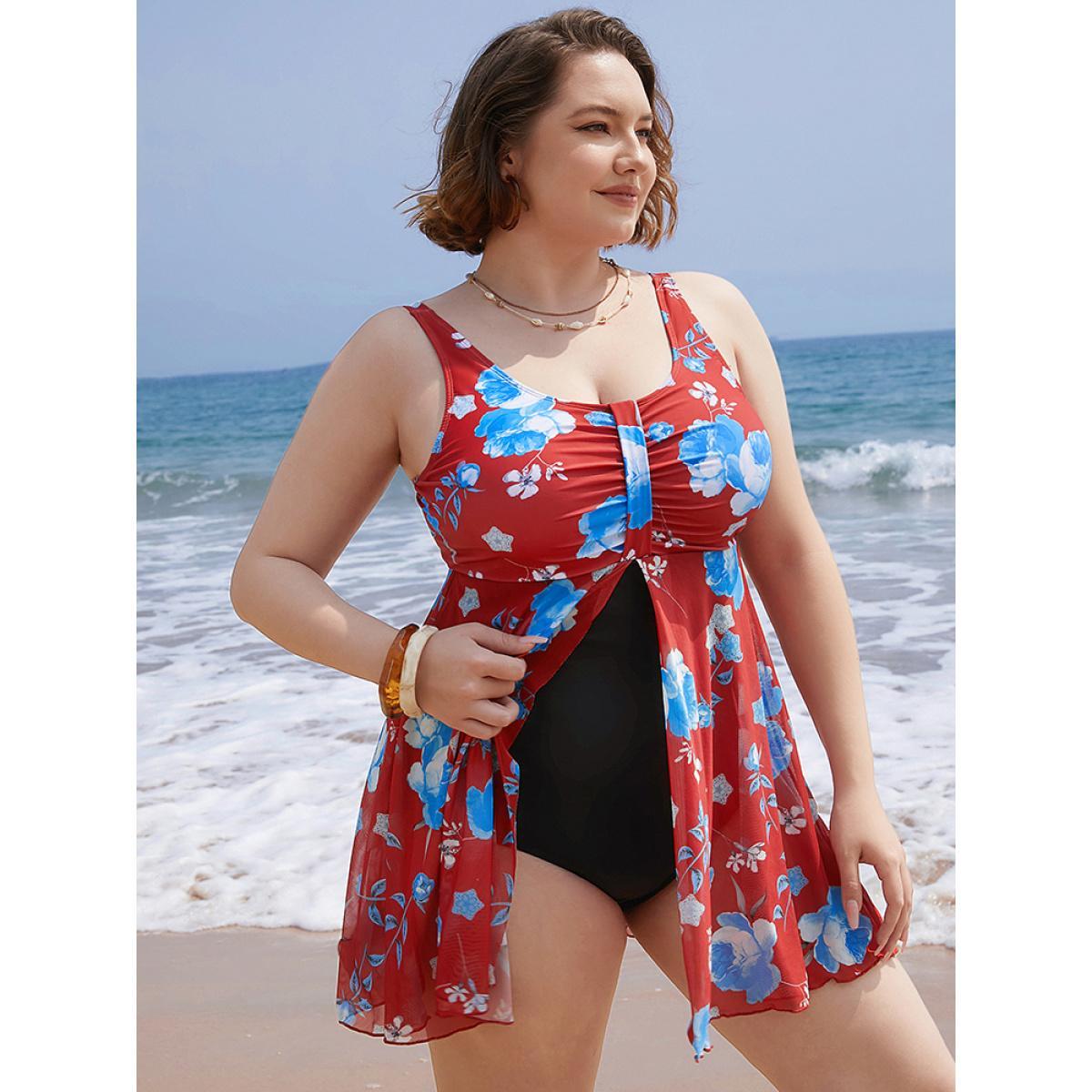 Plus Size Floral Print Split Front Ruched A Line Swim Dress Women's Swimwear Red Vacation Bodycon Round Neck High stretch Curve Swim Dresses BloomChic 28/5X Product Image