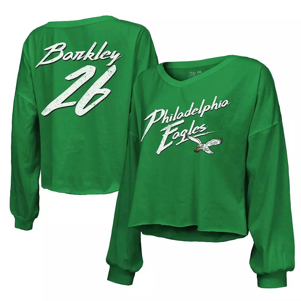 Women's Majestic Threads Saquon Barkley Kelly Green Philadelphia Eagles Name & Number Off-Shoulder Script Cropped Long Sleeve V-Neck T-Shirt, Size: Large Product Image
