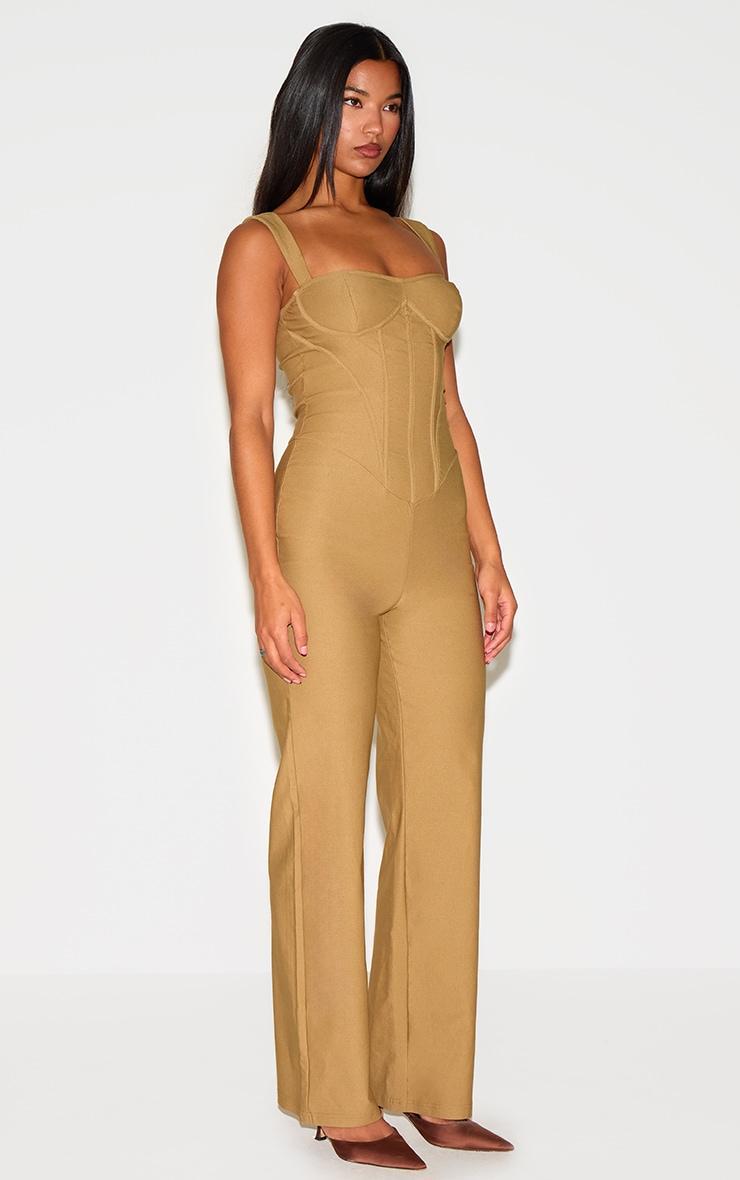 Khaki Woven Corset Binding Strappy Straight Leg Jumpsuit Product Image