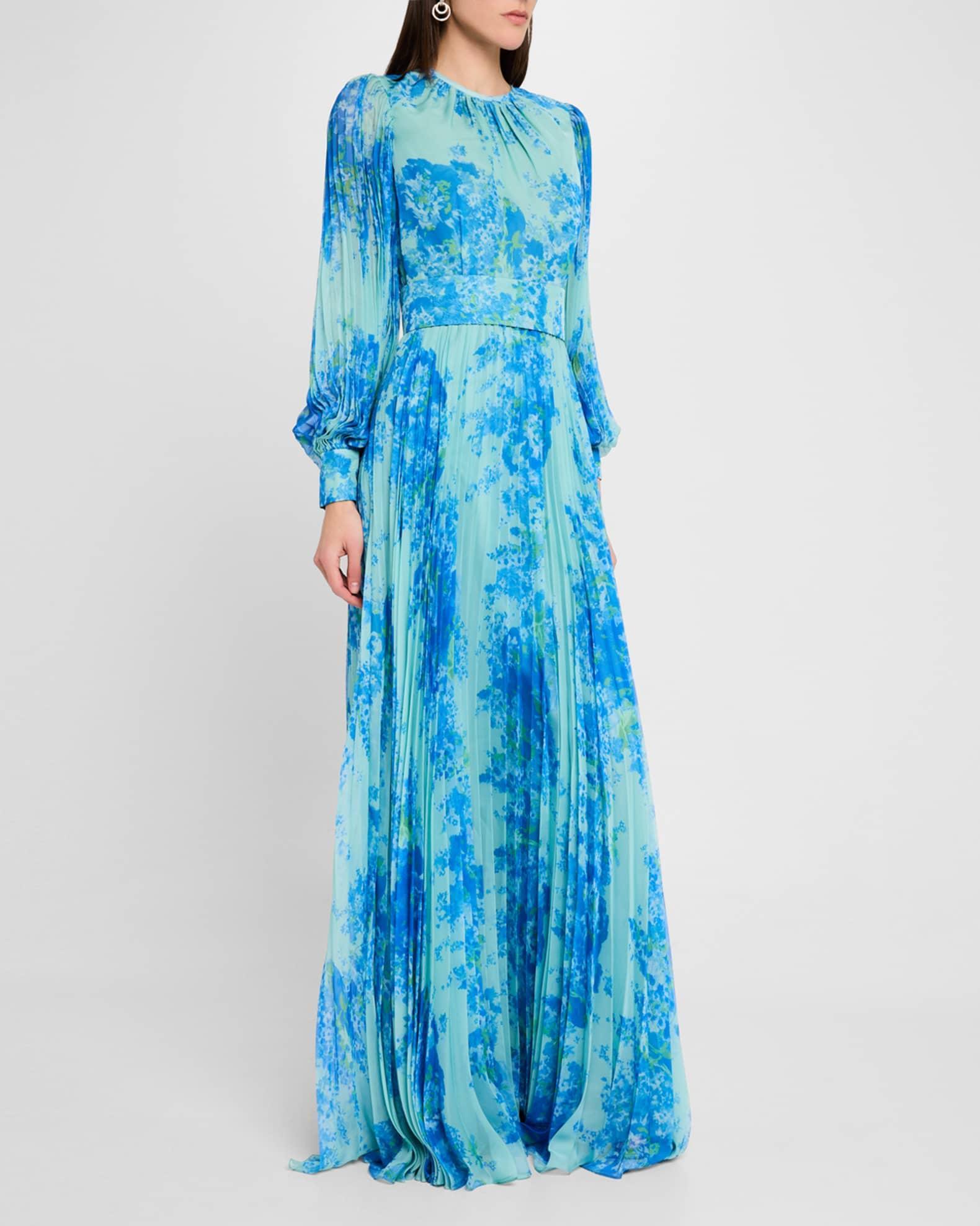 Pleated Floral-Print Blouson-Sleeve Gown Product Image