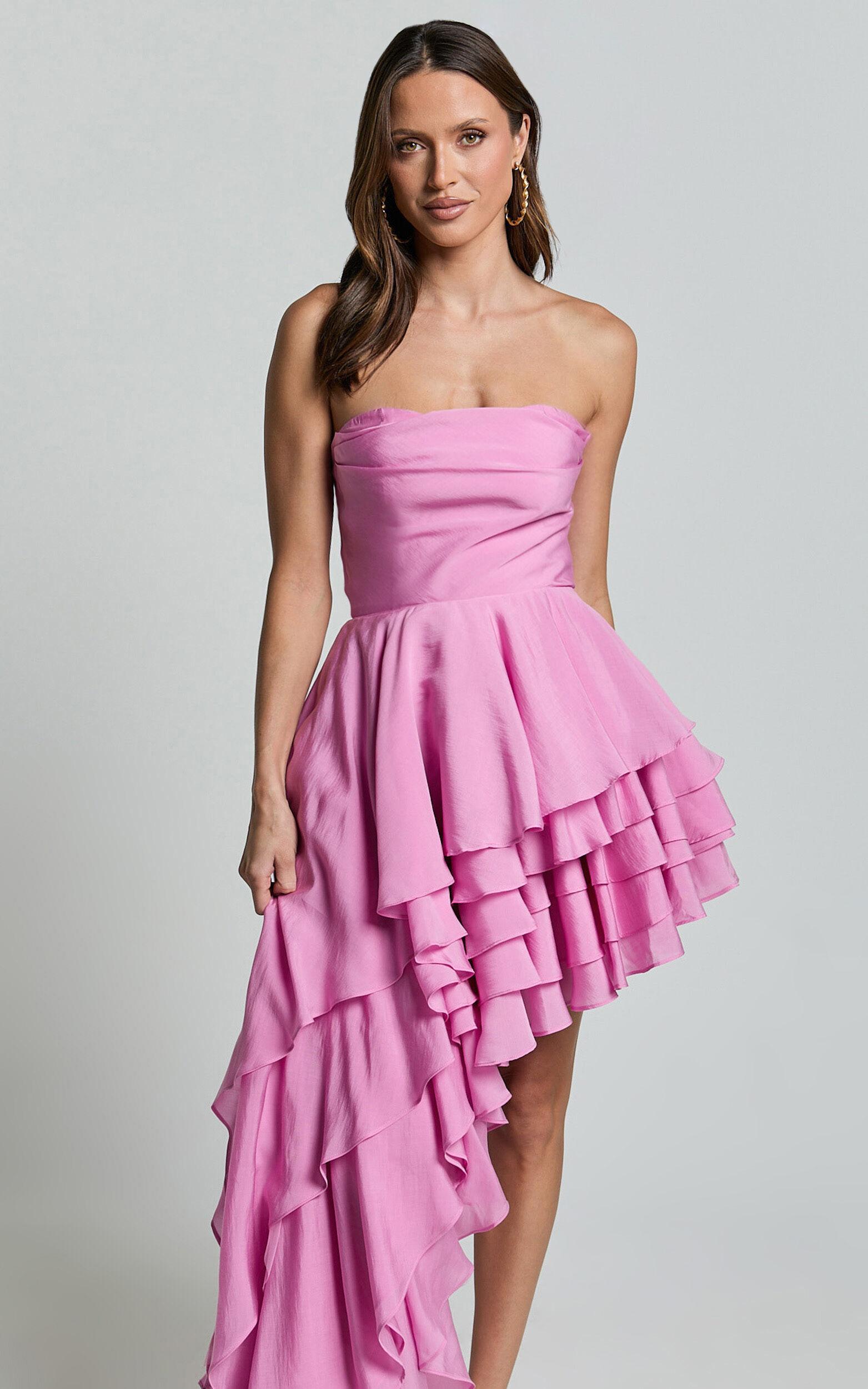 Amalie The Label - Everly Strapless Asymmetrical Tiered Mini Dress in Pink Product Image