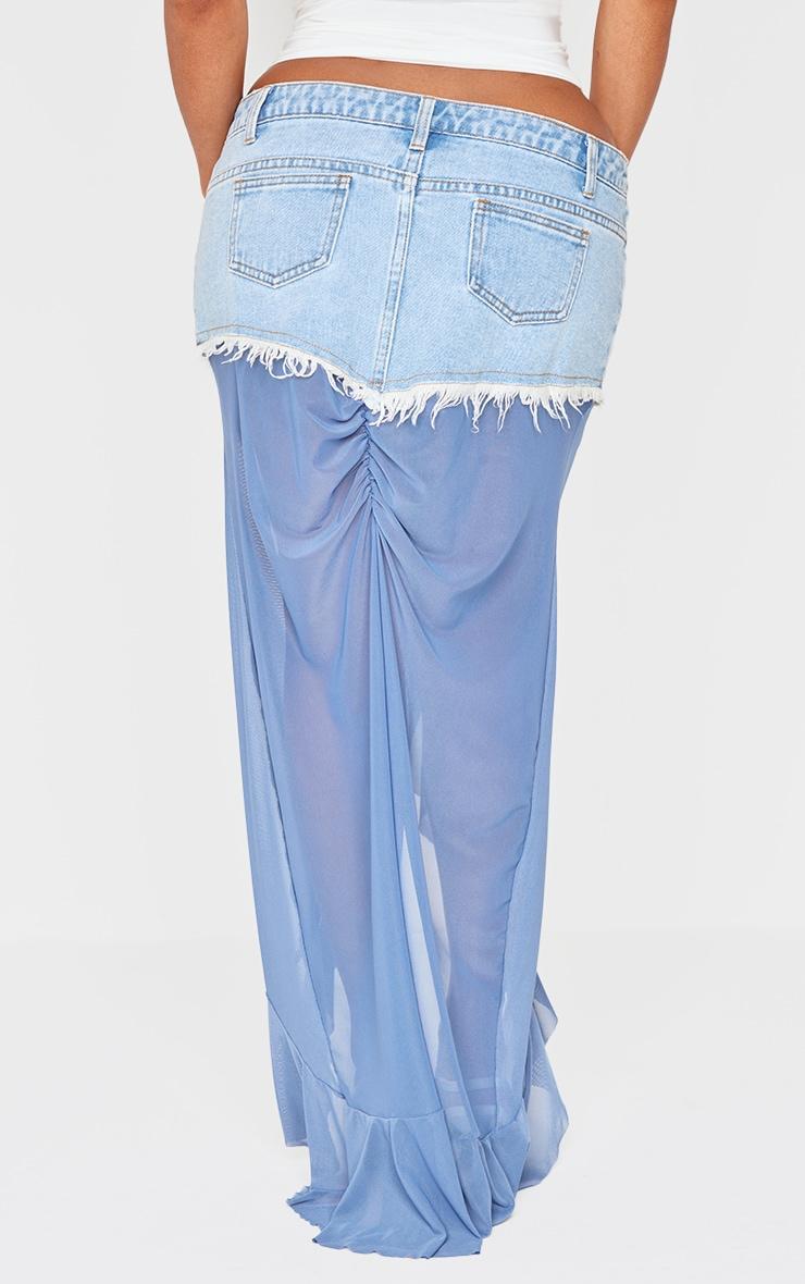 Shape Blue Mesh Detail Denim Maxi Skirt Product Image