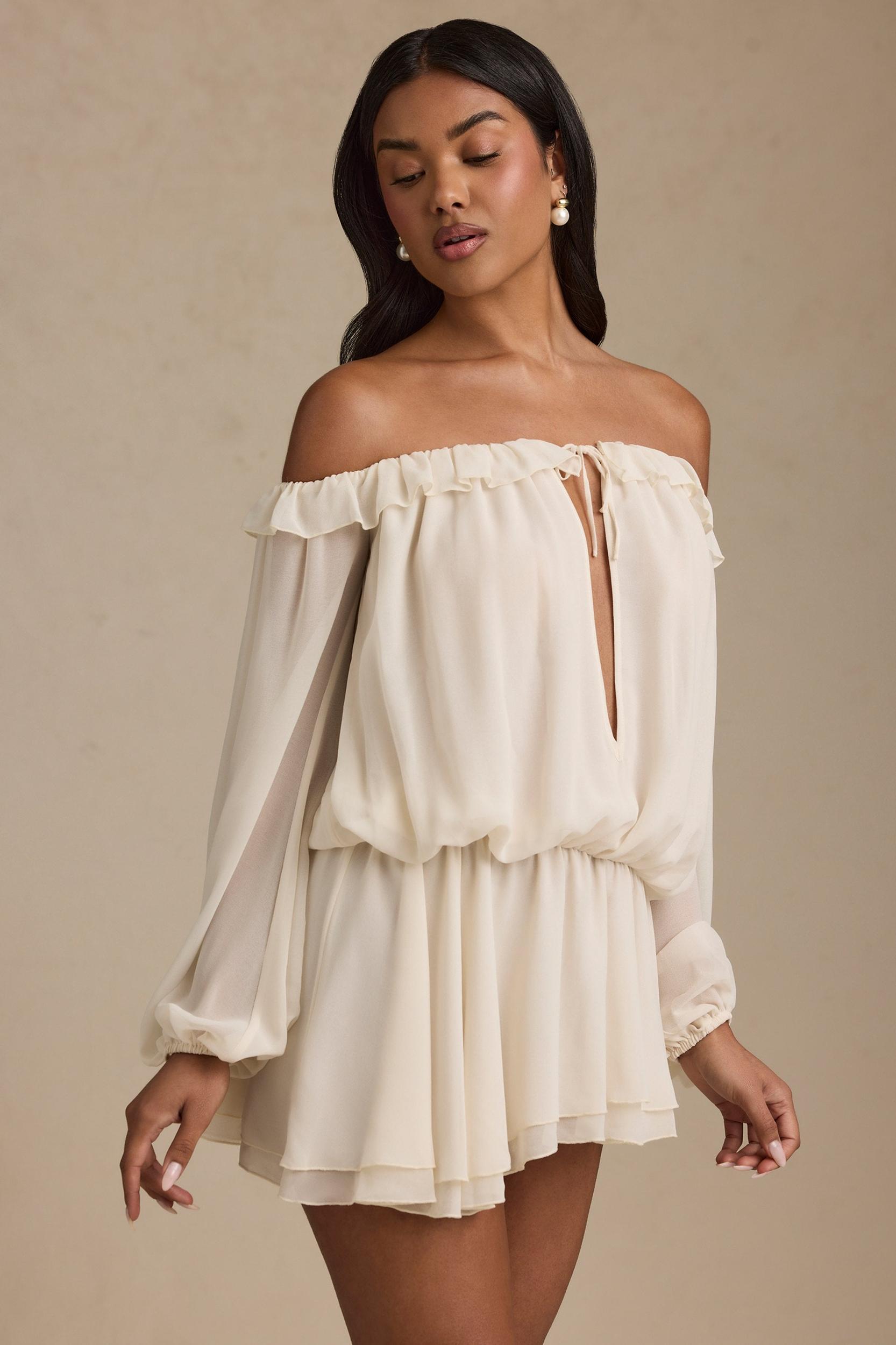 Off-Shoulder Asymmetric Balloon-Sleeve Mini Dress in Ivory Product Image