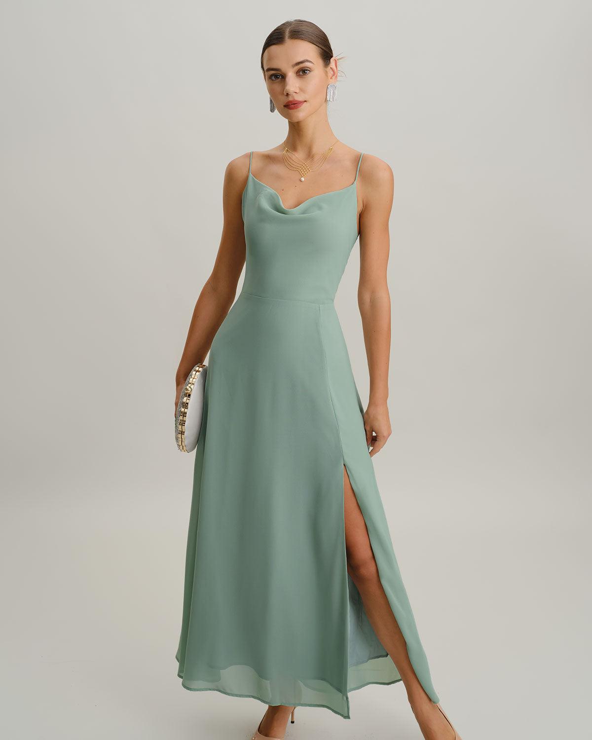 Green A-Line Backless Slip Maxi Dress Product Image