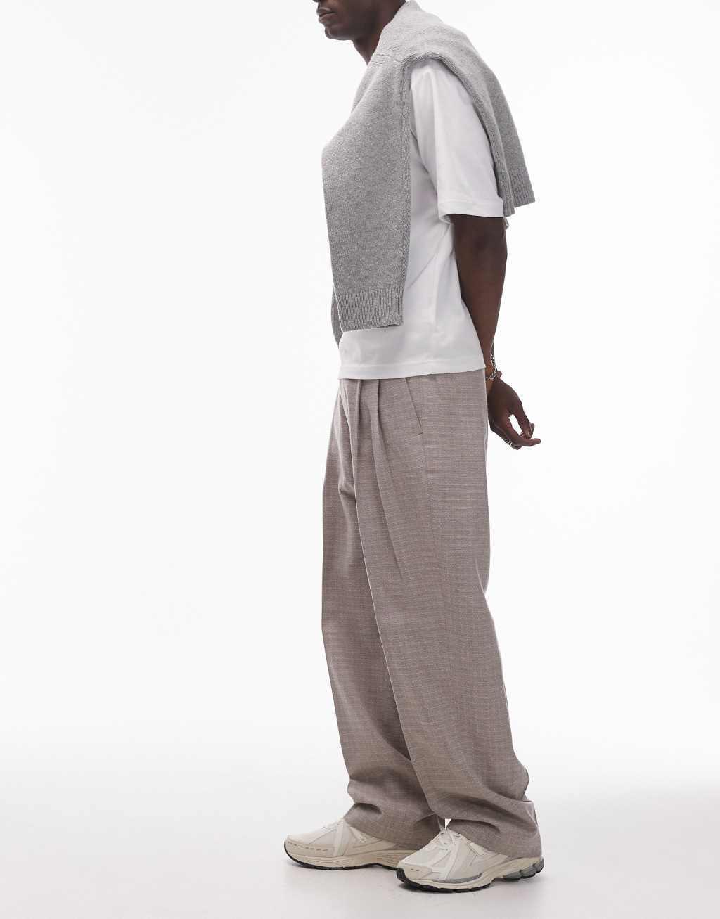 Topman wide leg textured suit pants in stone Product Image