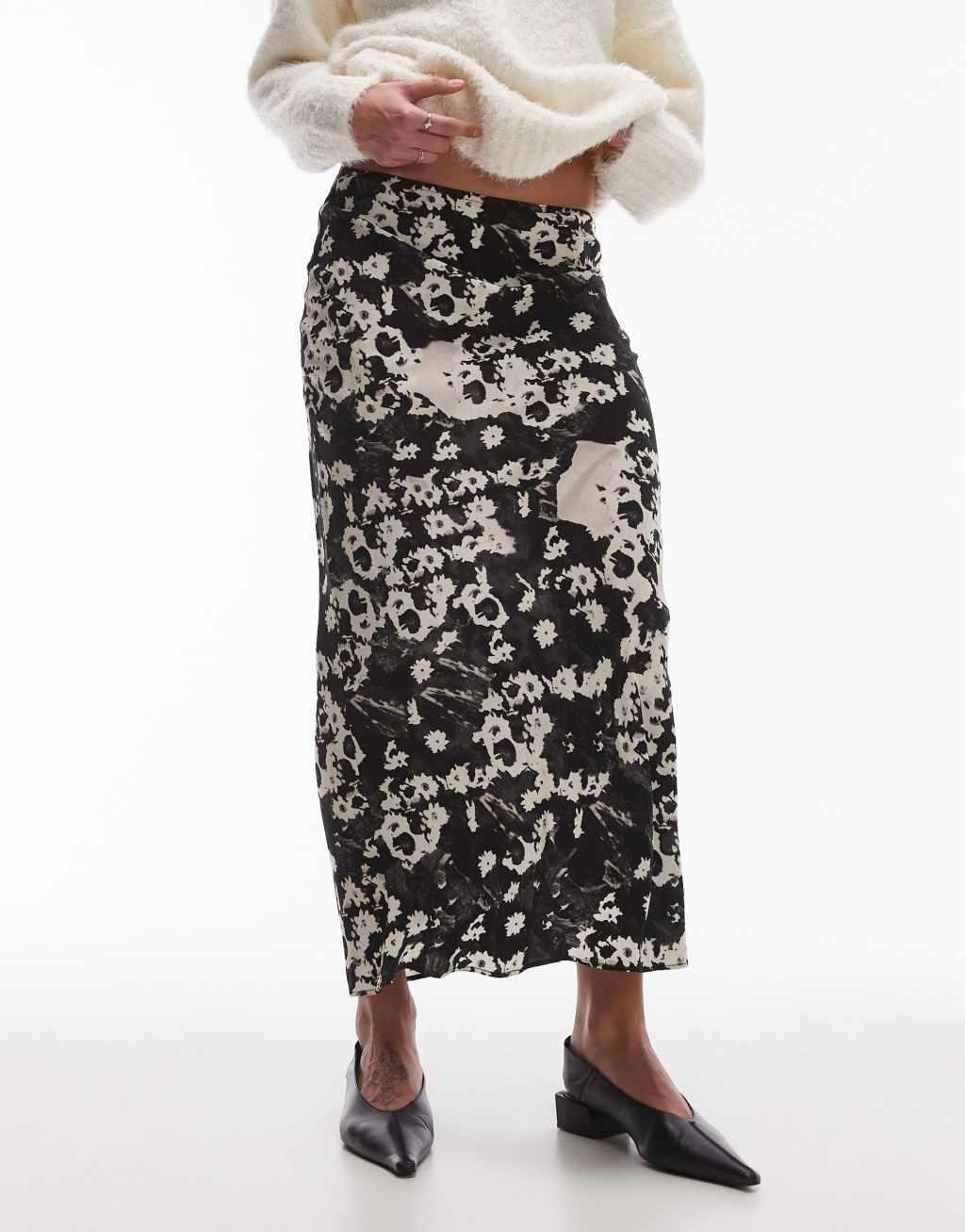 Topshop bias cut skirt in blurred black and white floral Product Image