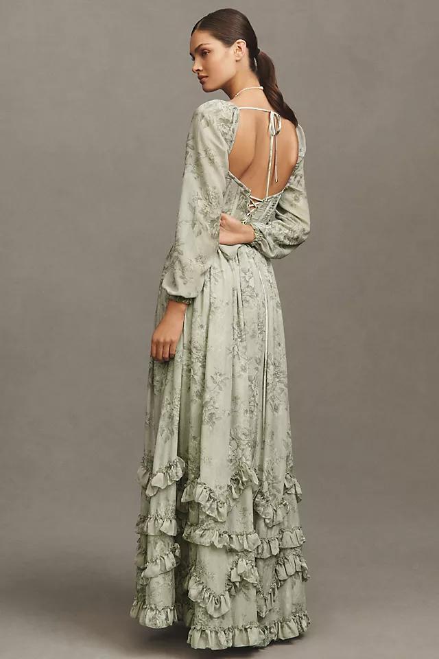 V. Chapman Carmella Long-Sleeve Corset Side-Slit Chiffon Maxi Dress Product Image