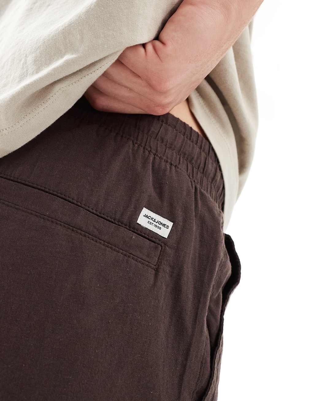 Jack & Jones linen mix pull on shorts in brown  Product Image