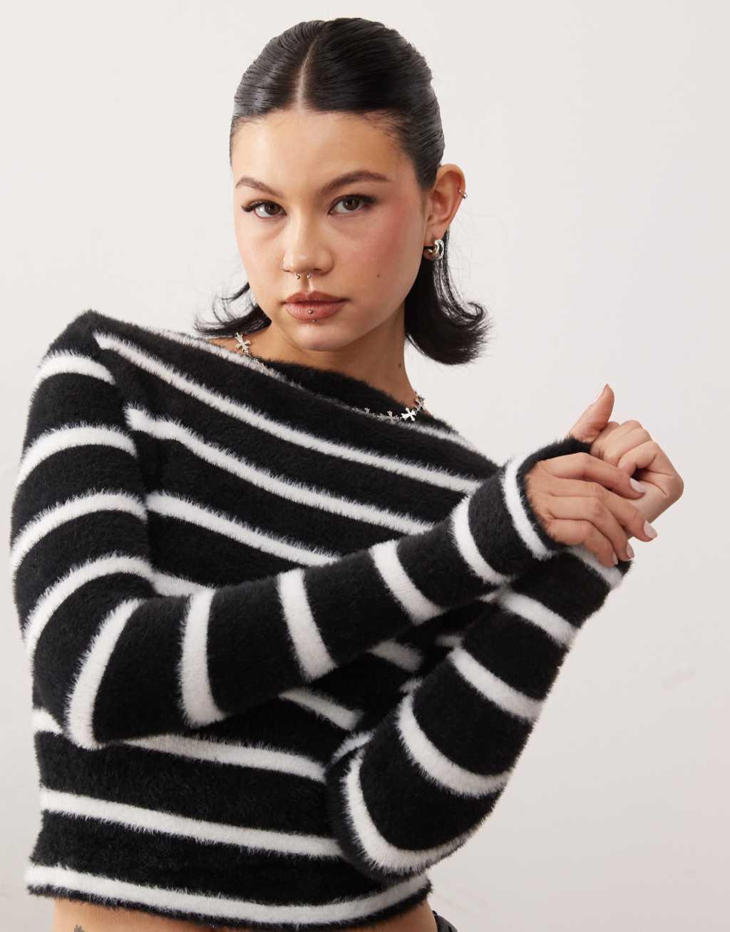 COLLUSION slash neck fluffy monochrome stripe fitted sweater Product Image