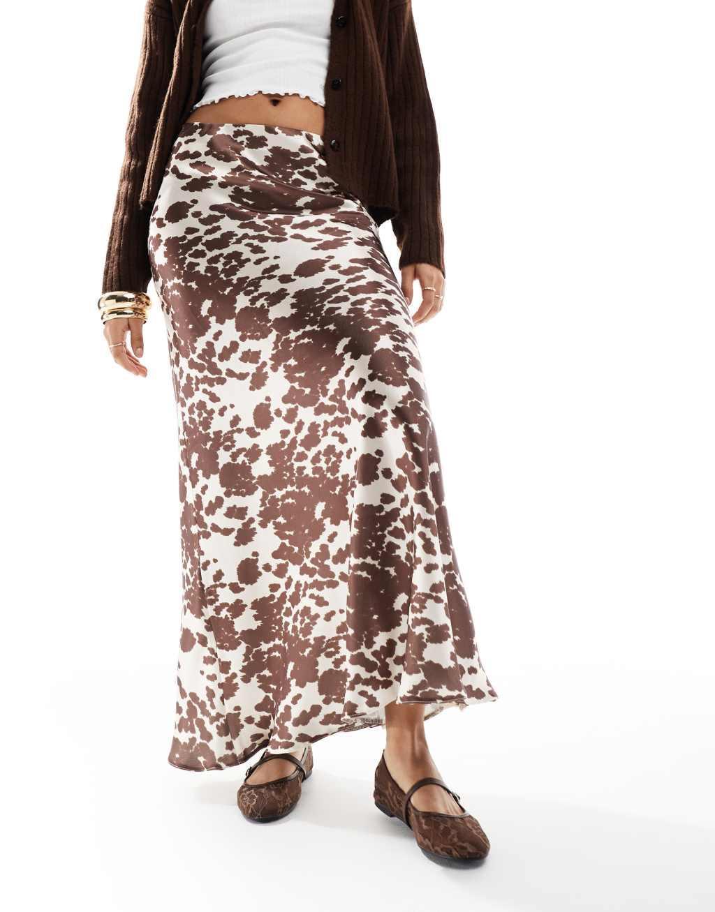 Threadbare satin maxi skirt in brown cow print Product Image