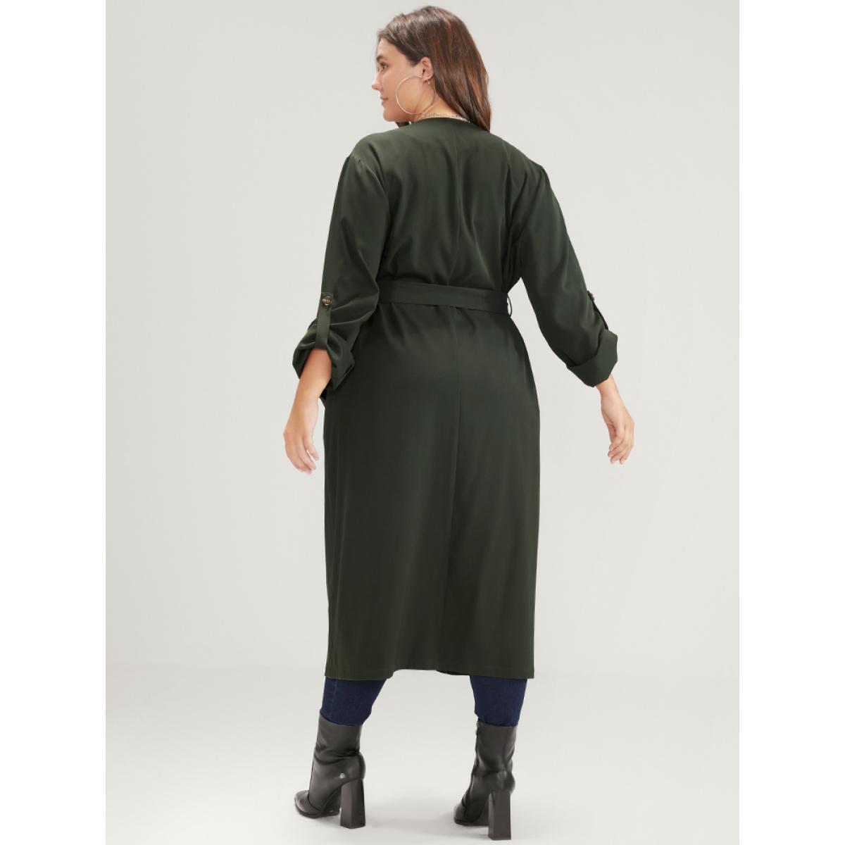 Plus Size Solid Cuffed Sleeve Belted Pocket Button Up Trench Coat Women ArmyGreen Casual Plain Ladies Dailywear Winter Coats BloomChic 22-24/3X Product Image