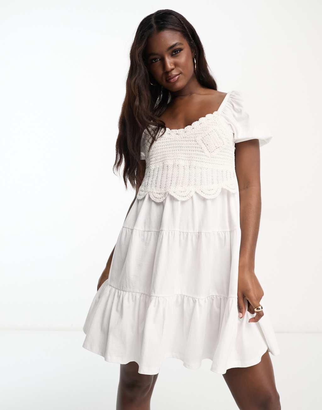 ASOS DESIGN short sleeve mini tiered smock dress with crochet detail in ivory Product Image