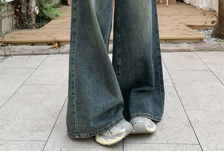 High Waist Washed Loose-Fit Wide-Leg Jeans Product Image