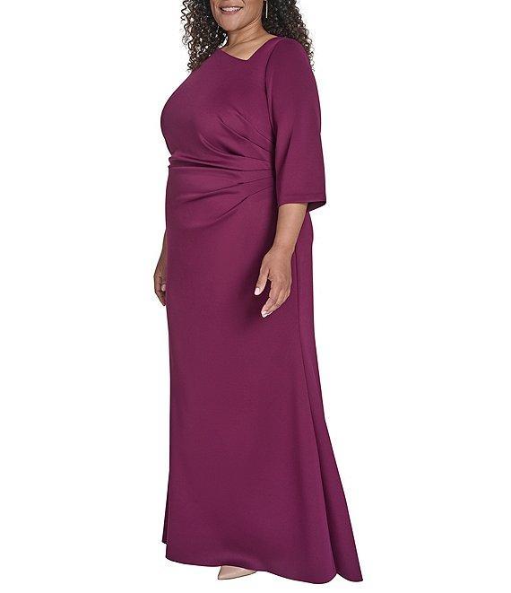 Jessica Howard Plus Size Sleeve 3/4 Sleeve Asymmetrical Neck Bow Shoulder Side Tuck Gown Product Image
