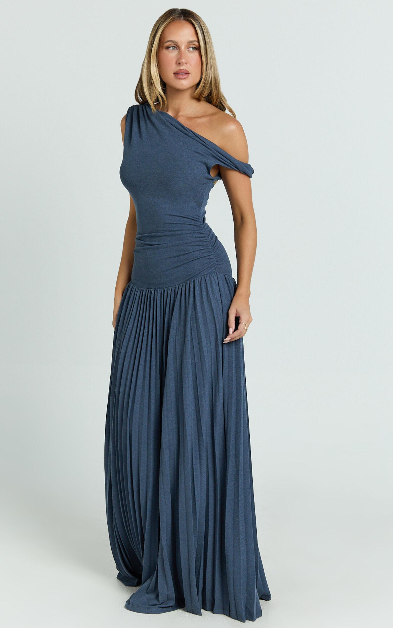 Yvonne Maxi Dress - Jersey Tip Shoulder Ruched Dress in Navy Product Image