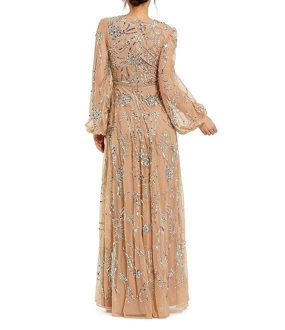 Mac Duggal Embellished Mesh High Neck Puff Sleeves Sequin A-Line Gown Product Image