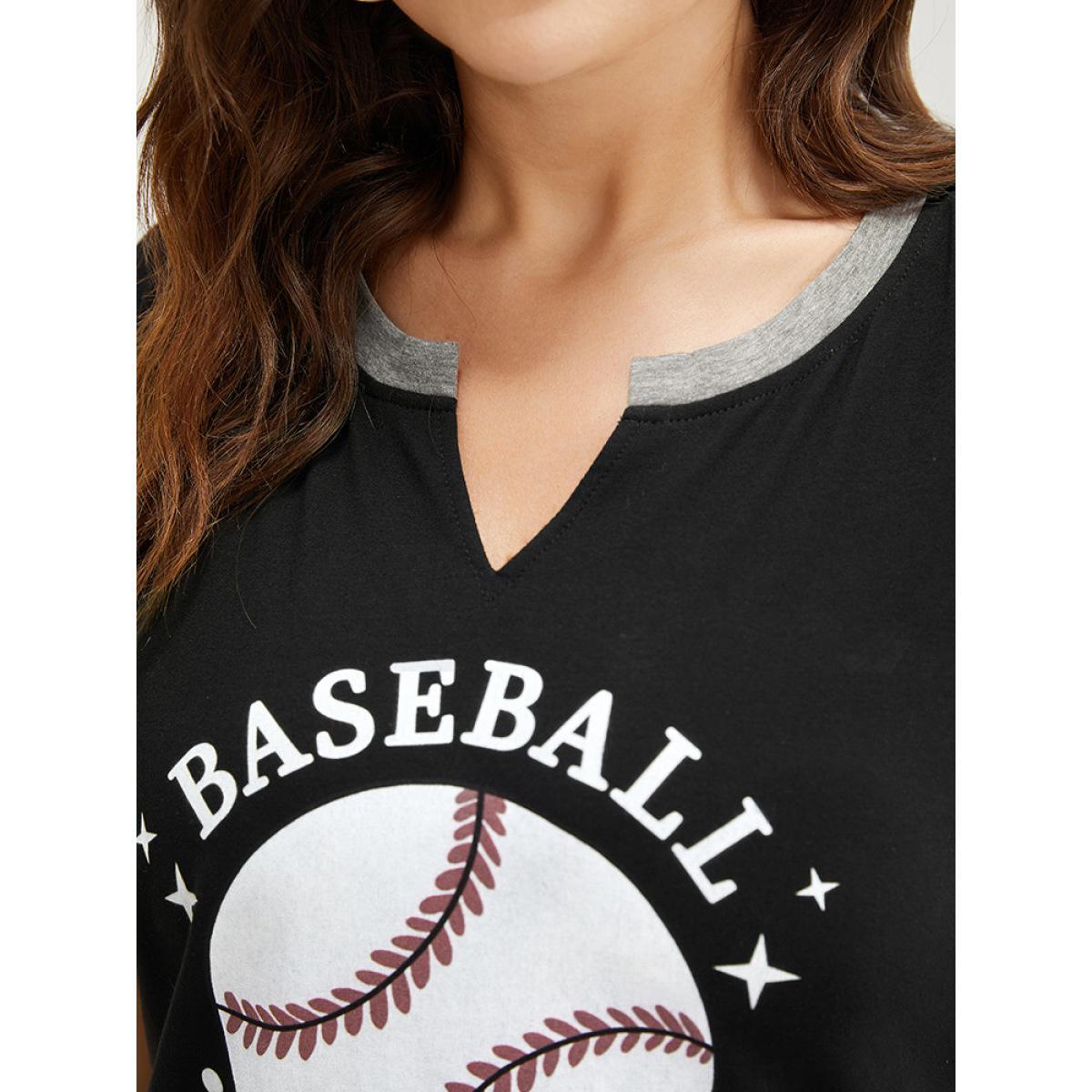 Plus Size Letter & Leaf Print Contrast Notched Neck T-shirt Black Women Casual Contrast Graphic Dailywear T-shirts BloomChic 22-24/3X Product Image
