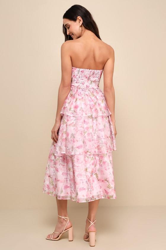 Pristine Cutie Light Pink Floral Organza Bustier Midi Dress Product Image