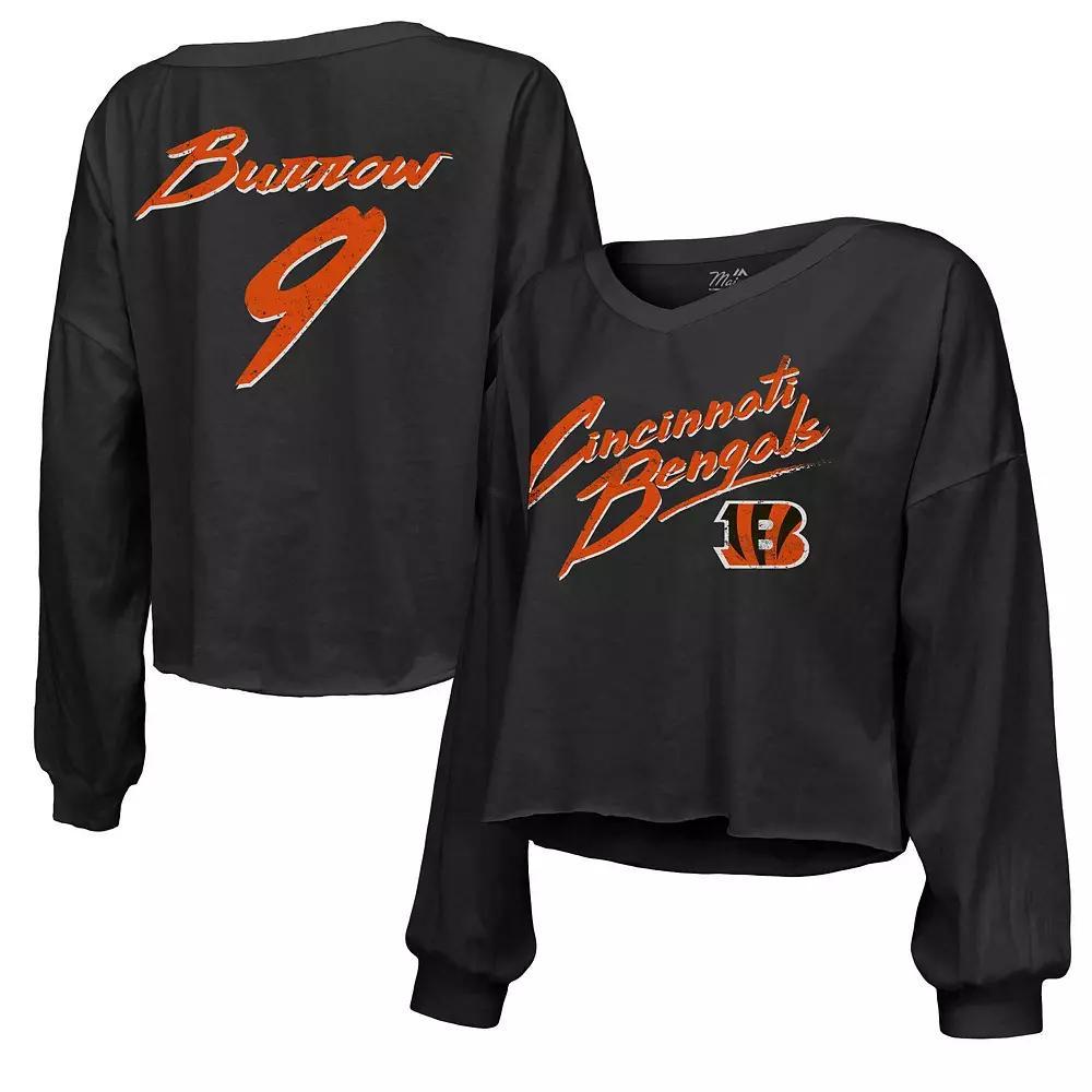 Women's Majestic Threads Joe Burrow Black Cincinnati Bengals Name & Number Off-Shoulder Script Cropped Long Sleeve V-Neck T-Shirt,  Product Image