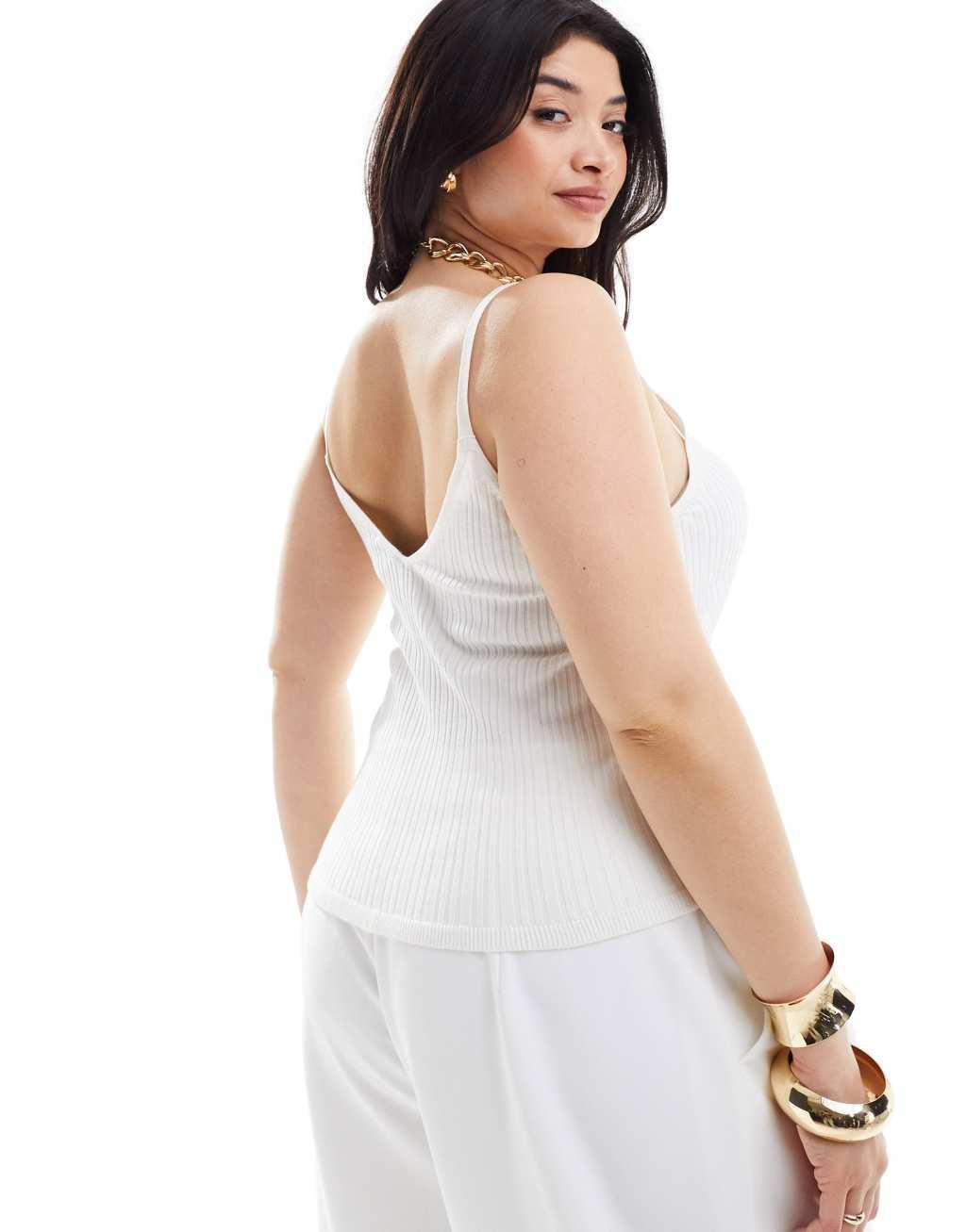 ASOS DESIGN Curve knitted strappy v neck cami top in cream Product Image