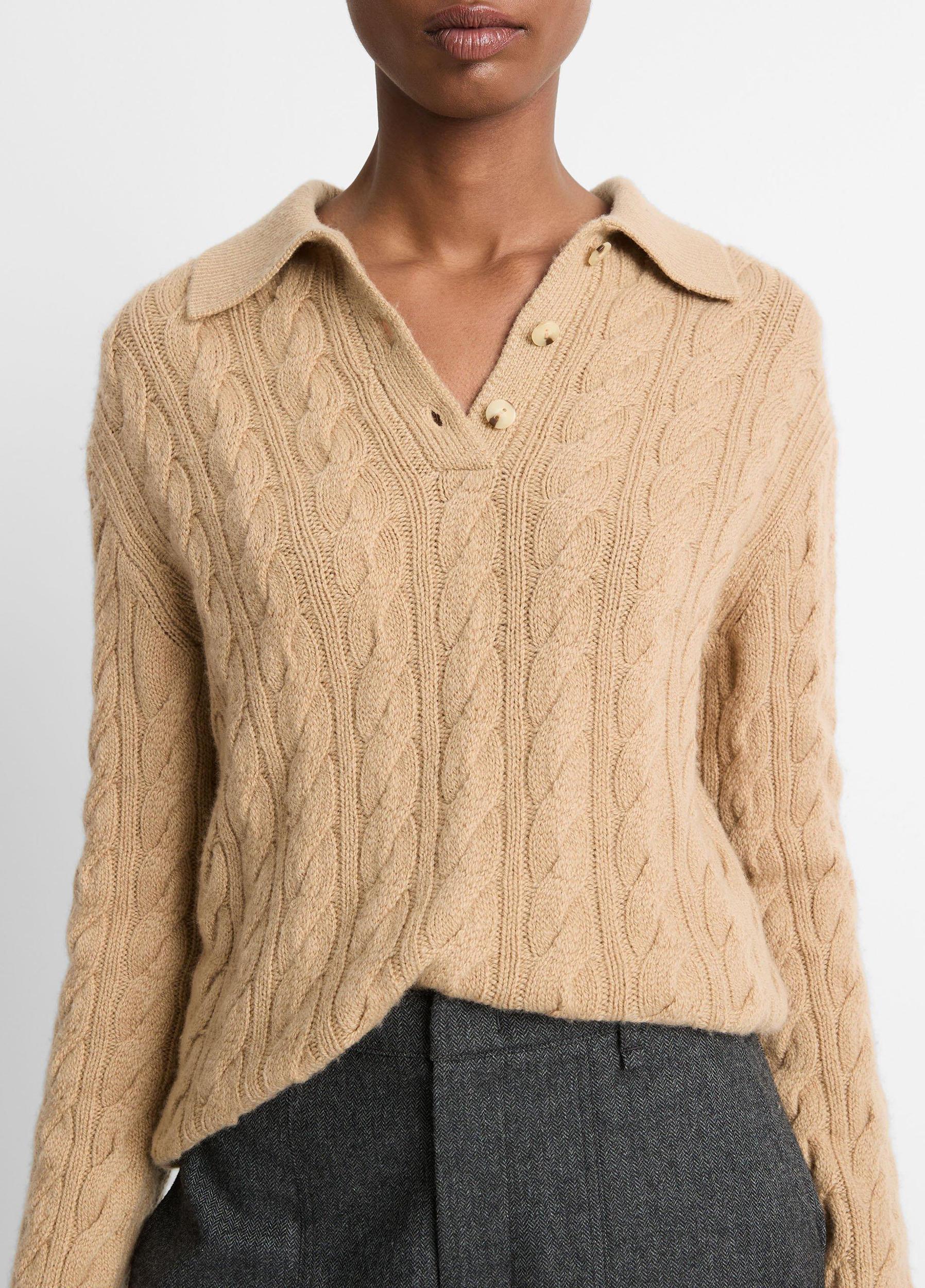 Cable-Knit Wool-Blend Polo Sweater Product Image