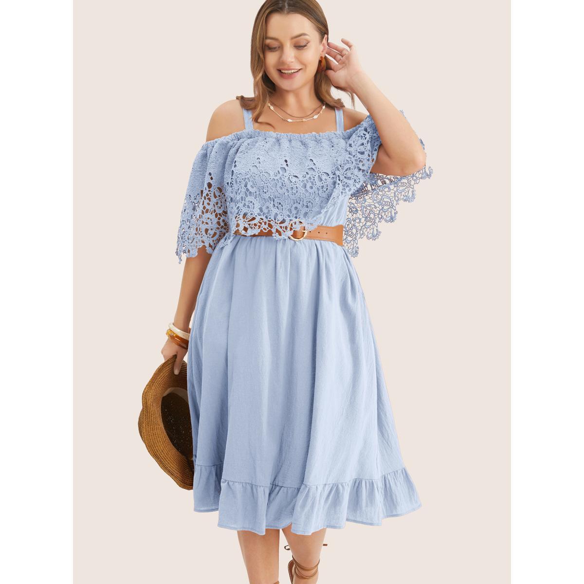 Plus Size Solid Cold Shoulder Contrast Lace Pocket Ruffle Hem Dress LightBlue Women Resort Broderie anglaise Non Short sleeve Curvy Midi Dress BloomChic 14-16/1X Product Image