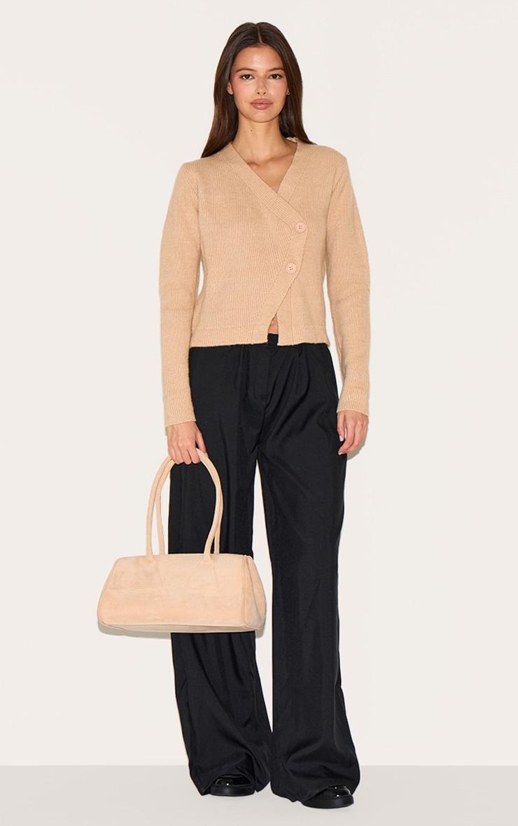 Oatmeal Knit Asymmetric Button Up Cardigan Product Image