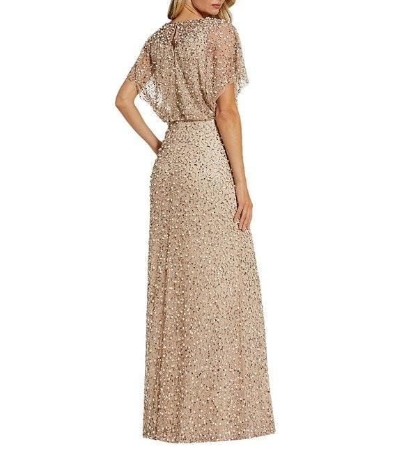 Mac Duggal Pearl Sequin Beaded Mesh Boat Neck Short Flutter Sleeve Shawl Gown Product Image