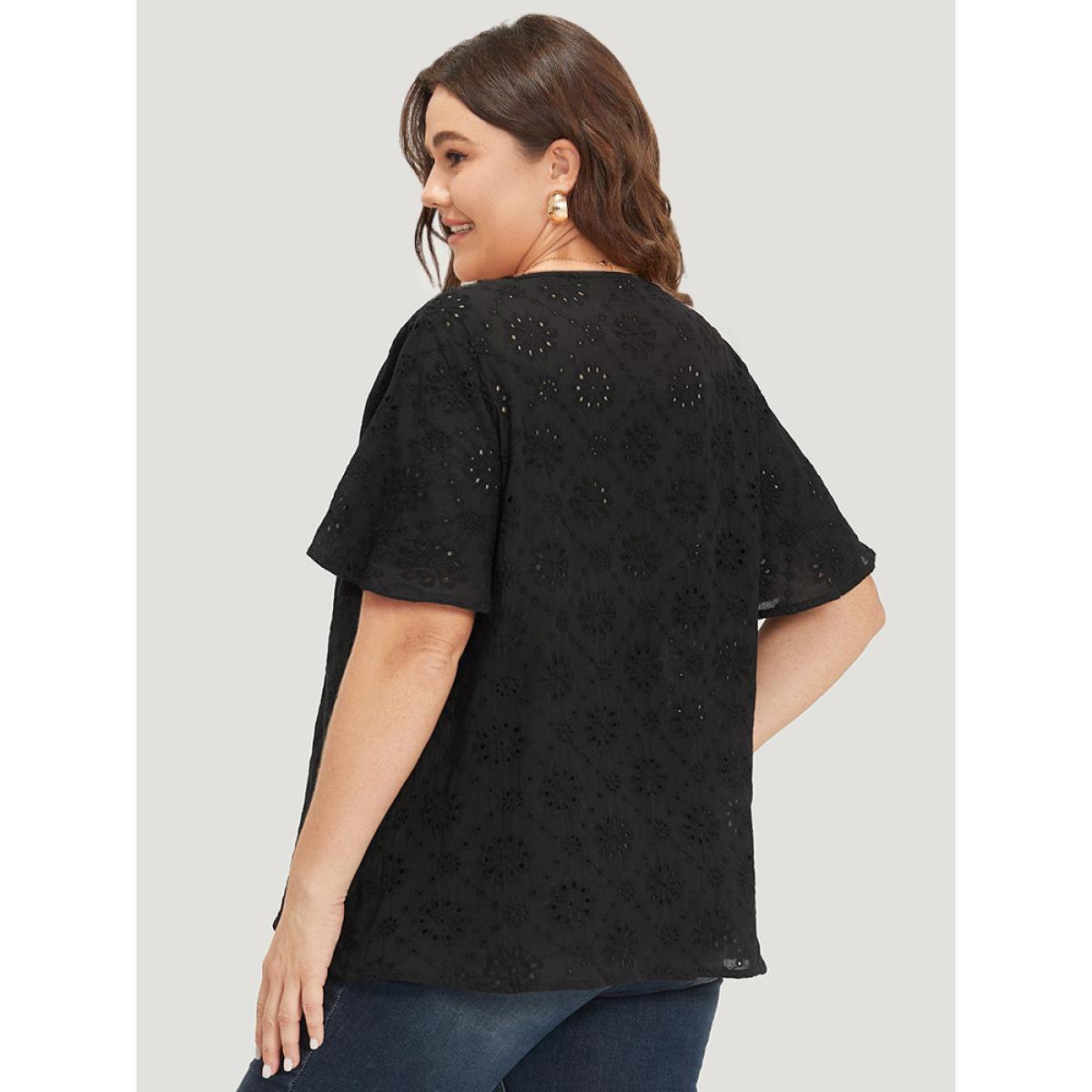 Plus Size Black Solid Broderie Anglaise Notched Ruffle Sleeve Blouse Women Vacation Short sleeve Notched collar Dailywear Blouses BloomChic 14-16/1X Product Image