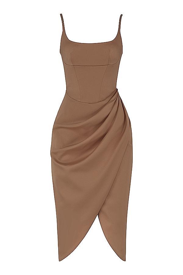 Bianca Mocha Satin Corset Midi Dress Product Image