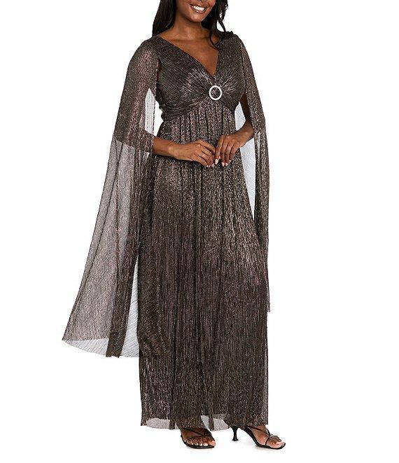R & M Richards Crinkle Metallic Cape Sleeve Rhinestone Detail V-Neck Empire Waist Gown Product Image